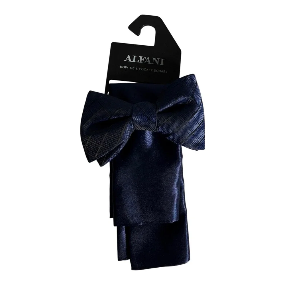 Alfani Bow Tie & Pocket Square Set Mens Dark Navy Blue Woven Sharkskin